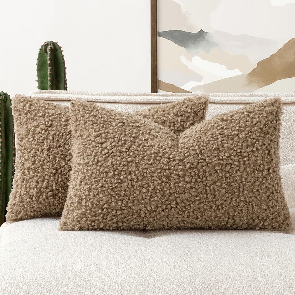 9878 Faux Fur Throw Pillow Covers 20x12 Inch Set of 2 Boucle Neutral